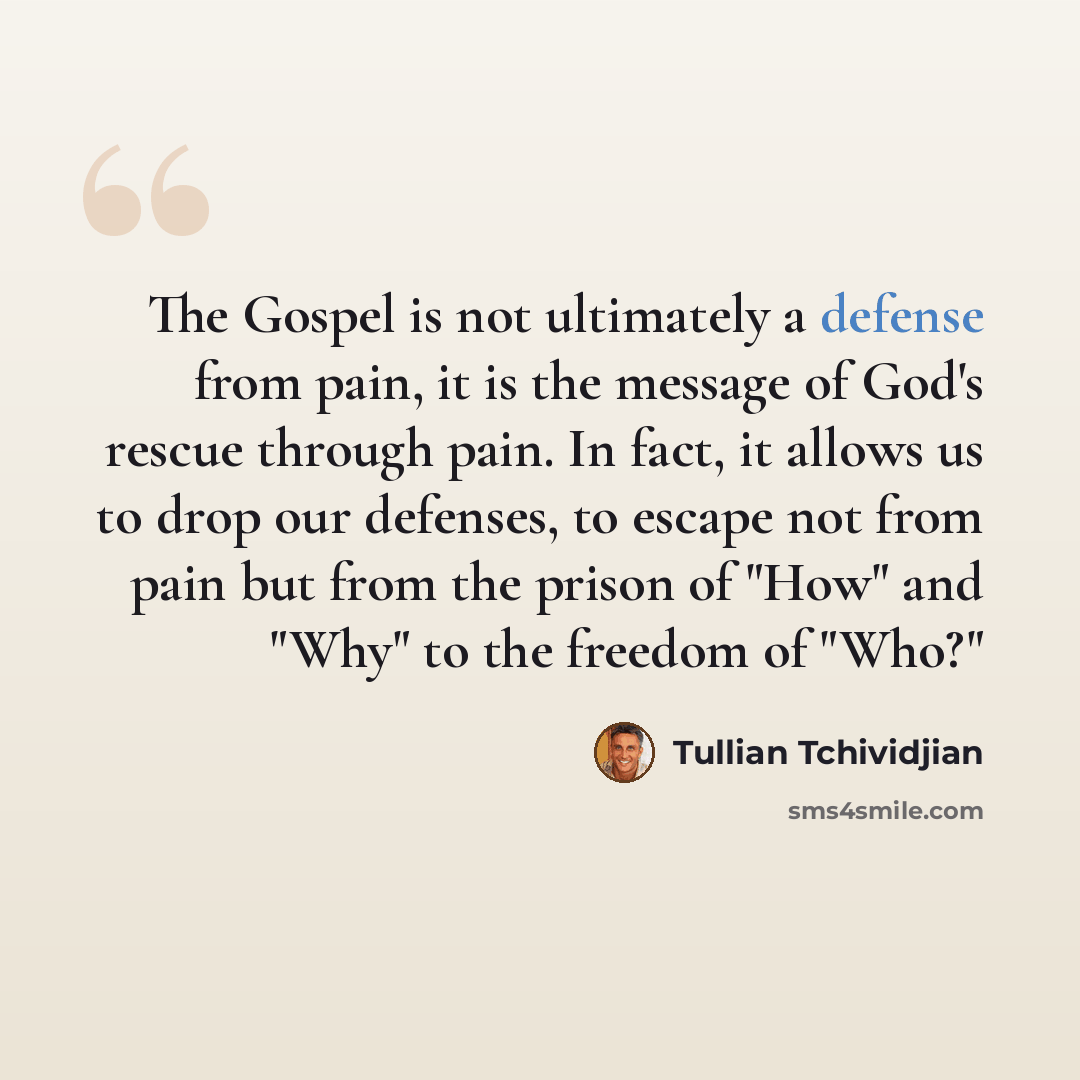 “The Gospel is not ultimately a defense from pain, it is the message of God's rescue through pain. In fact, it allows us to drop our defenses, to escape not from pain but from the prison of "How" and "Why" to the freedom of "Who?"” quote by Tullian Tchividjian