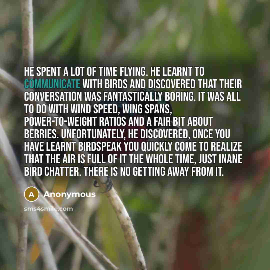 “He spent a lot of time flying. He learnt to communicate with birds and discovered that their conversation was fantastically boring. It was all to do with wind speed, wing spans, power-to-weight ratios and a fair bit about berries. Unfortunately, he discovered, once you have learnt birdspeak you…” quote by Anonymous