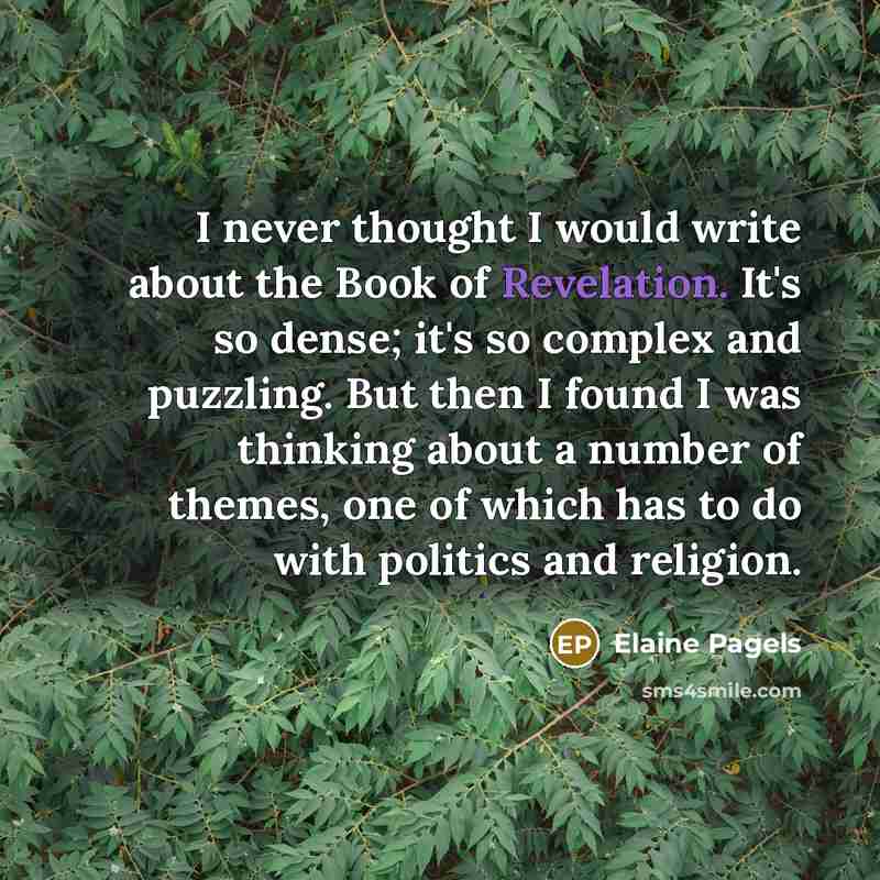 “I never thought I would write about the Book of Revelation. It's so dense; it's so complex and puzzling. But then I found I was thinking about a number of themes, one of which has to do with politics and religion.” quote by Elaine Pagels