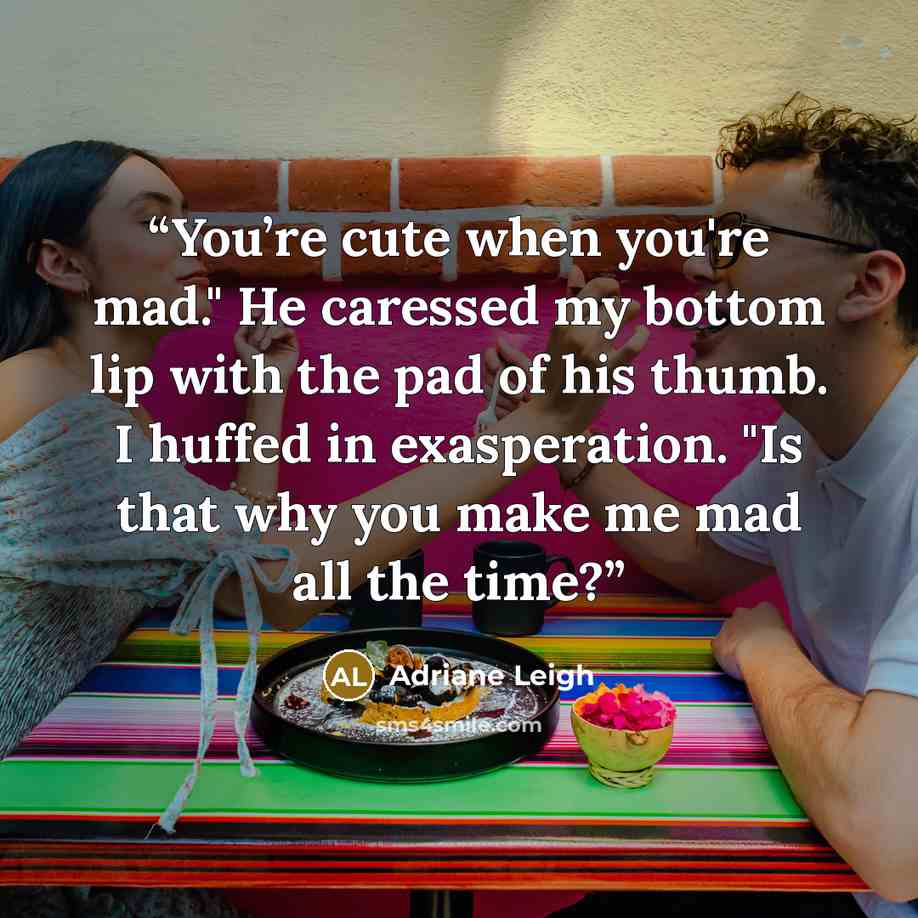 “You’re cute when you're mad." He caressed my bottom lip with the pad of his thumb. I huffed in exasperation. "Is that why you make me mad all the time?” quote by Adriane Leigh