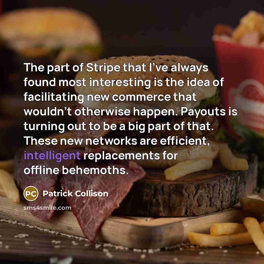“The part of Stripe that I've always found most interesting is the idea of facilitating new commerce that wouldn't otherwise happen. Payouts is turning out to be a big part of that. These new networks are efficient, intelligent replacements for offline behemoths.” quote by Patrick Collison