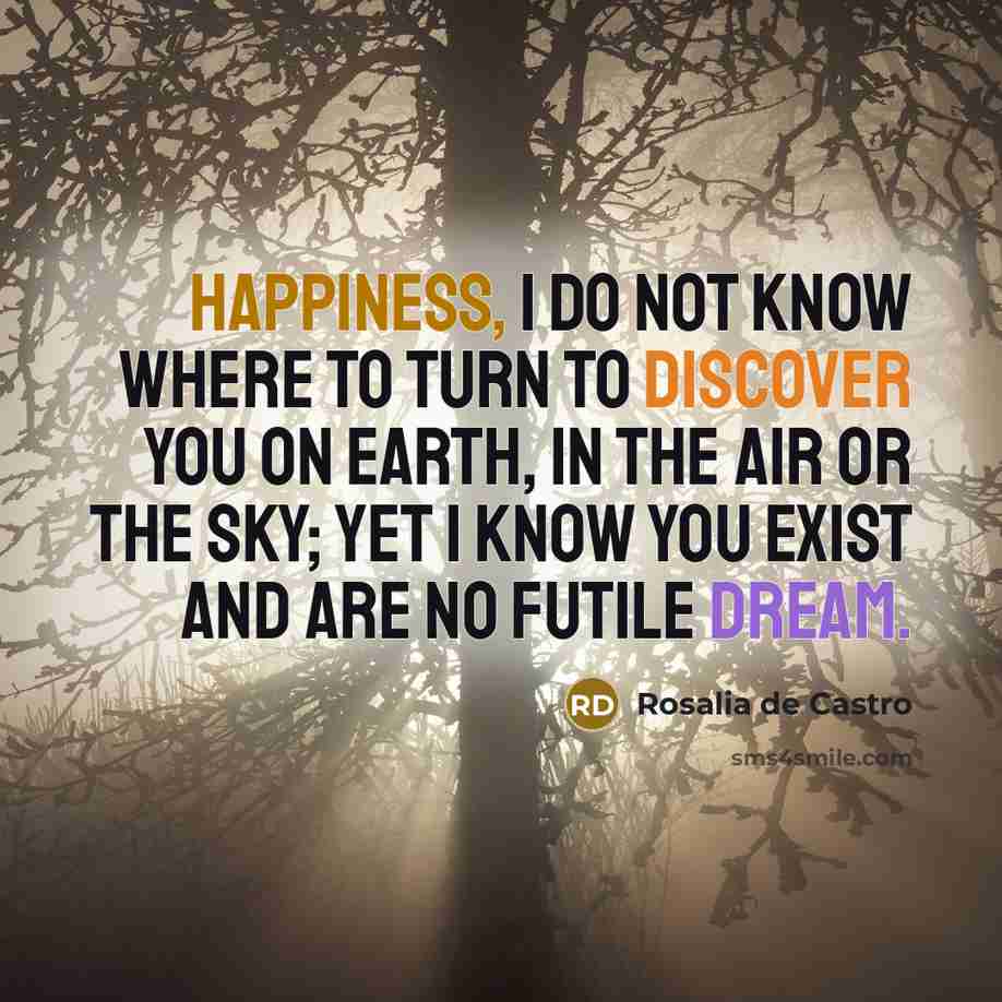 “Happiness, I do not know where to turn to discover you on earth, in the air or the sky; yet I know you exist and are no futile dream.” quote by Rosalia de Castro