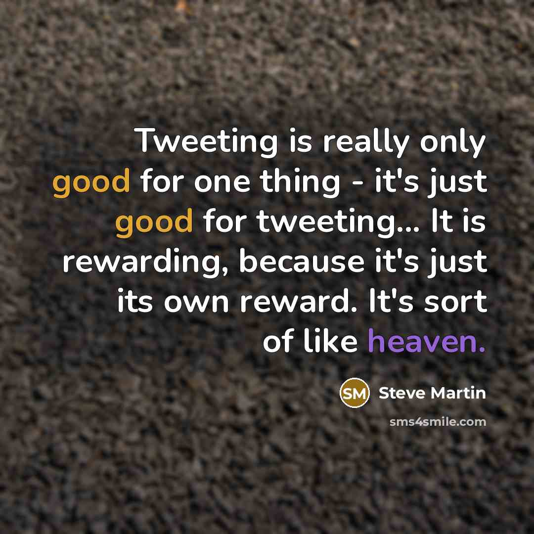 “Tweeting is really only good for one thing - it's just good for tweeting... It is rewarding, because it's just its own reward. It's sort of like heaven.” quote by Steve Martin