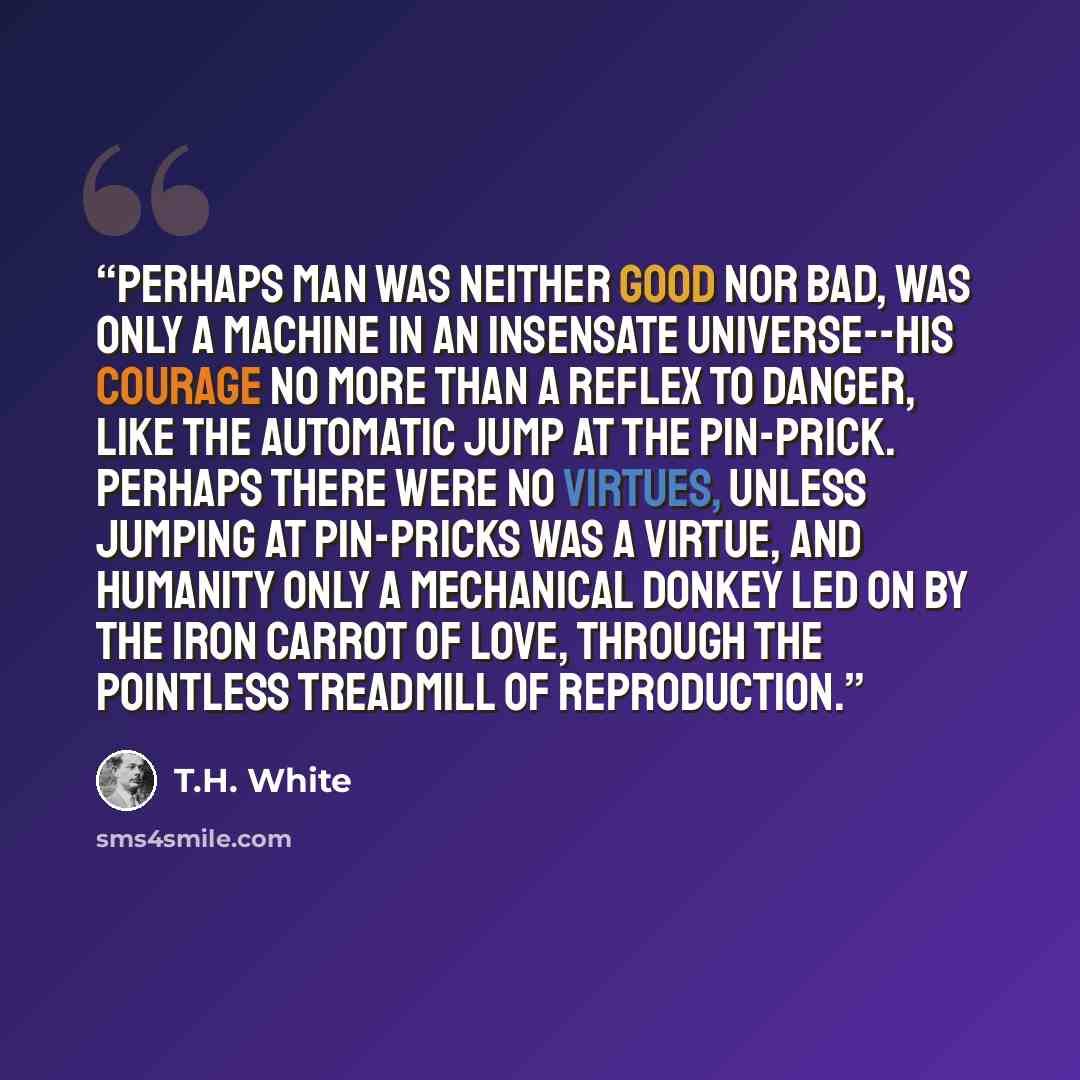“Perhaps man was neither good nor bad, was only a machine in an insensate universe--his courage no more than a reflex to danger, like the automatic jump at the pin-prick. Perhaps there were no virtues, unless jumping at pin-pricks was a virtue, and humanity only a mechanical donkey led on by the…” quote by T.H. White