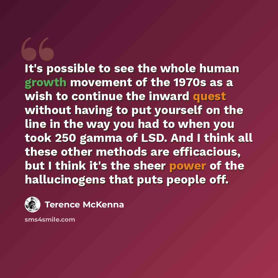 “It's possible to see the whole human growth movement of the 1970s as a wish to continue the inward quest without having to put yourself on the line in the way you had to when you took 250 gamma of LSD. And I think all these other methods are efficacious, but I think it's the sheer power of the…” quote by Terence McKenna
