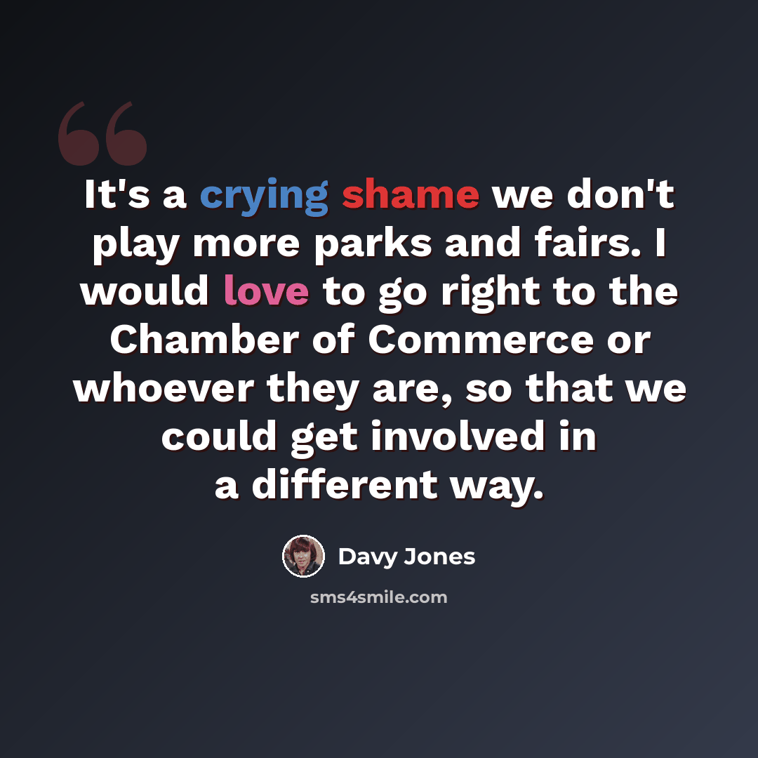 “It's a crying shame we don't play more parks and fairs. I would love to go right to the Chamber of Commerce or whoever they are, so that we could get involved in a different way.” quote by Davy Jones