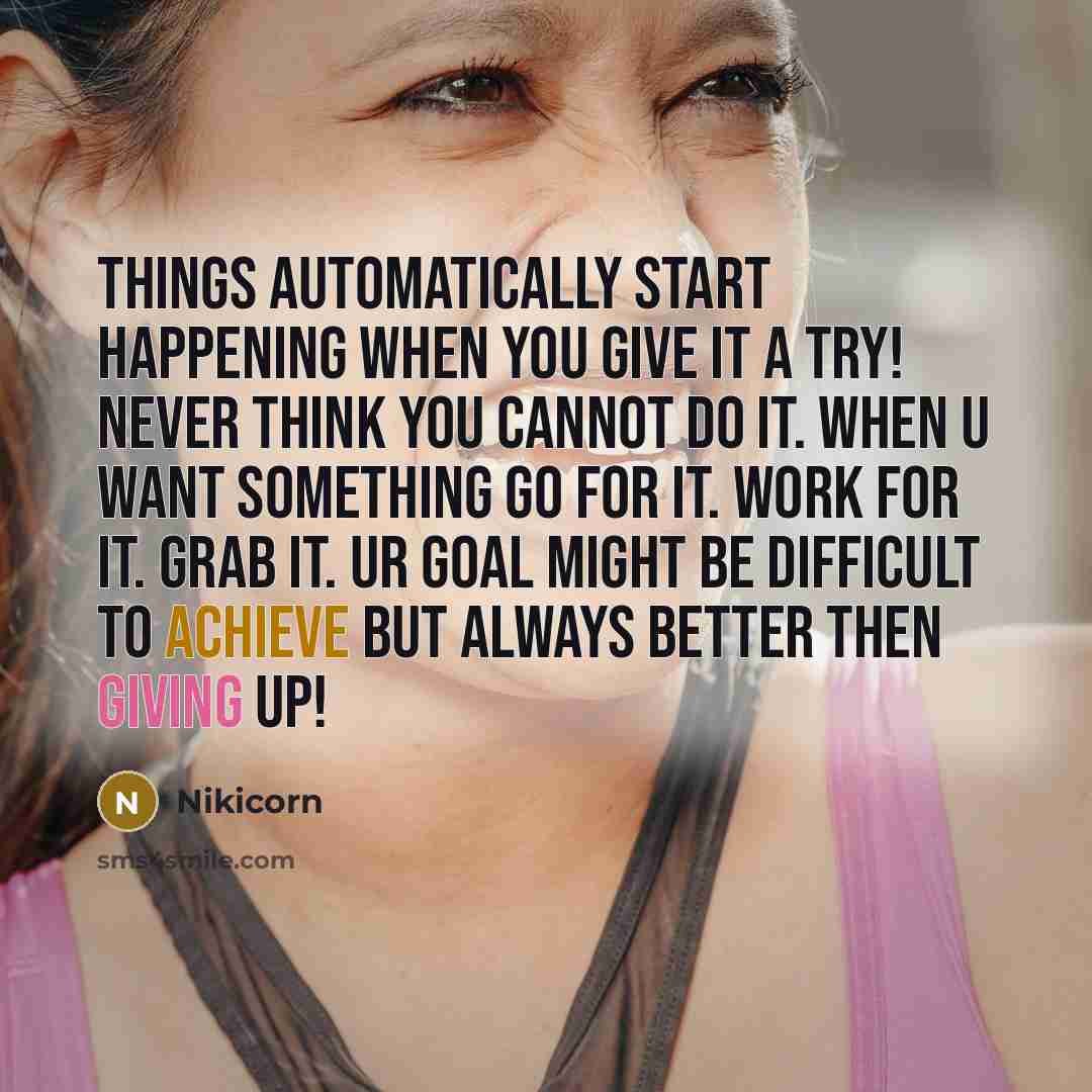 “Things automatically start happening when you give it a try! Never think you cannot do it. When u want something go for it. work for it. Grab it. Ur goal might be difficult to achieve but always better then giving up!” quote by Nikicorn