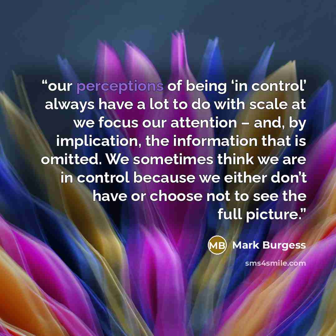 “our perceptions of being ‘in control’ always have a lot to do with scale at we focus our attention – and, by implication, the information that is omitted. We sometimes think we are in control because we either don’t have or choose not to see the full picture.” quote by Mark Burgess