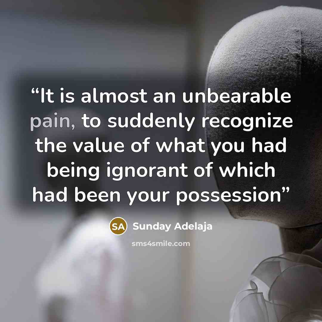 “It is almost an unbearable pain, to suddenly recognize the value of what you had being ignorant of which had been your possession” quote by Sunday Adelaja