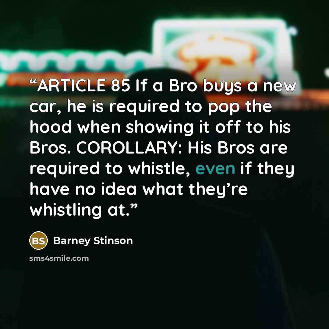 “ARTICLE 85 If a Bro buys a new car, he is required to pop the hood when showing it off to his Bros. COROLLARY: His Bros are required to whistle, even if they have no idea what they’re whistling at.” quote by Barney Stinson