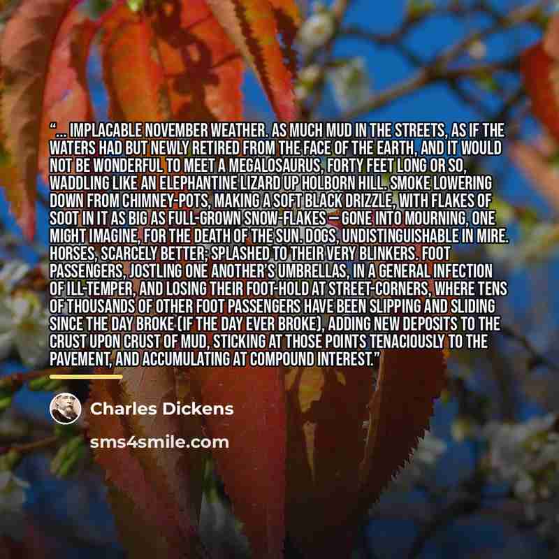 “... Implacable November weather. As much mud in the streets, as if the waters had but newly retired from the face of the earth, and it would not be wonderful to meet a Megalosaurus, forty feet long or so, waddling like an elephantine lizard up Holborn Hill. Smoke lowering down from chimney-pots…” quote by Charles Dickens