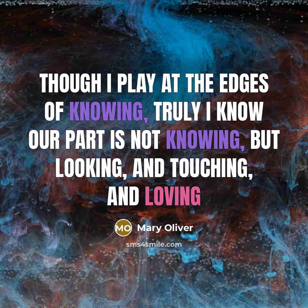 “Though I play at the edges of knowing, truly I know our part is not knowing, but looking, and touching, and loving” quote by Mary Oliver