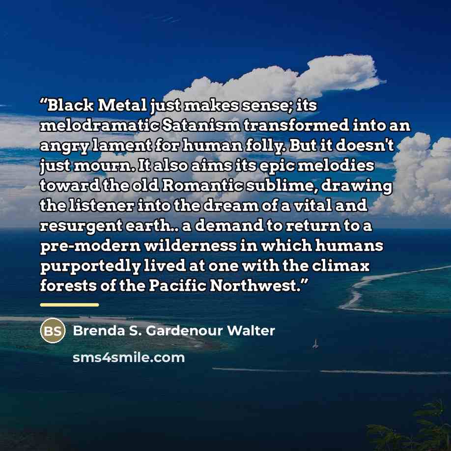 “Black Metal just makes sense; its melodramatic Satanism transformed into an angry lament for human folly. But it doesn't just mourn. It also aims its epic melodies toward the old Romantic sublime, drawing the listener into the dream of a vital and resurgent earth.. a demand to return to a…” quote by Brenda S. Gardenour Walter