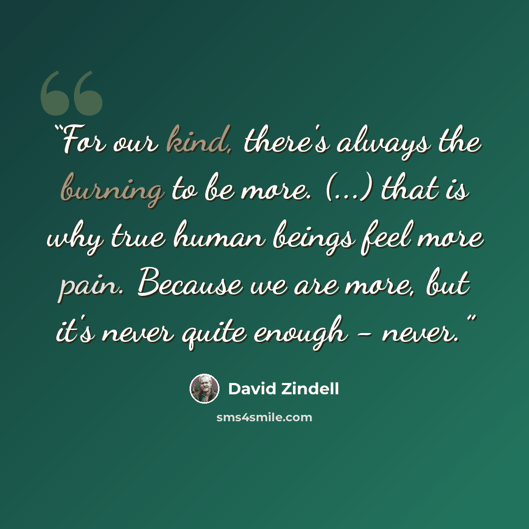 “For our kind, there's always the burning to be more. (...) that is why true human beings feel more pain. Because we are more, but it's never quite enough - never.” quote by David Zindell