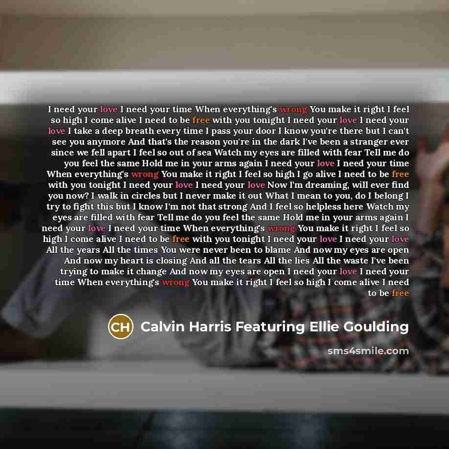 “I need your love I need your time When everything's wrong You make it right I feel so high I come alive I need to be free with you tonight I need your love I need your love I take a deep breath every time I pass your door I know you're there but I can't see you anymore And that's the reason you're…” quote by Calvin Harris Featuring Ellie Goulding