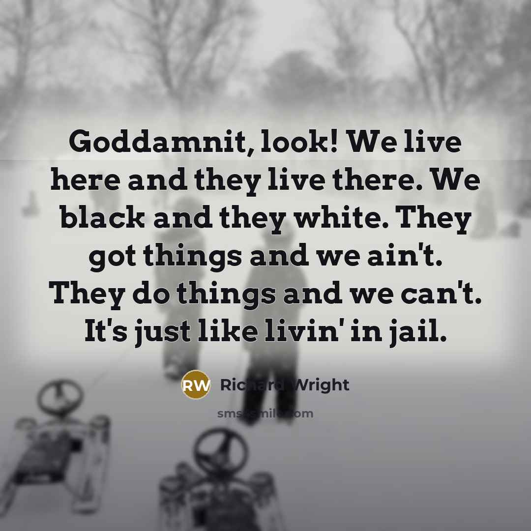 “Goddamnit, look! We live here and they live there. We black and they white. They got things and we ain't. They do things and we can't. It's just like livin' in jail.” quote by Richard Wright
