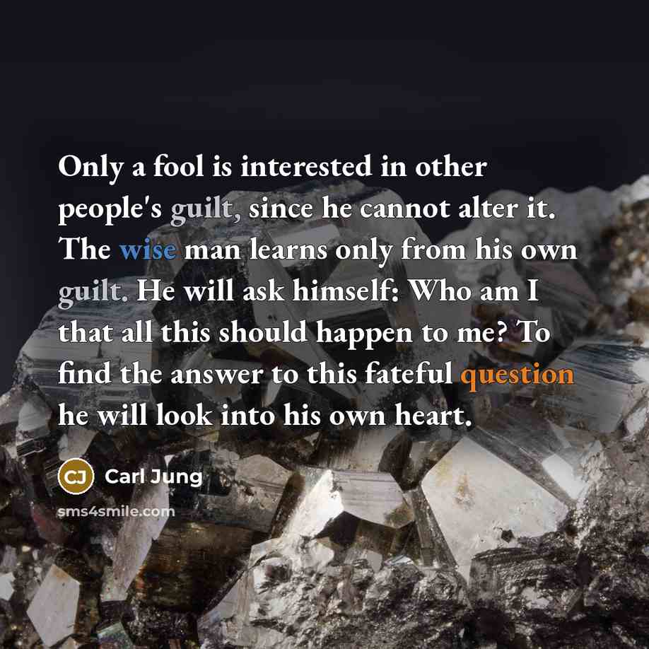 “Only a fool is interested in other people's guilt, since he cannot alter it. The wise man learns only from his own guilt. He will ask himself: Who am I that all this should happen to me? To find the answer to this fateful question he will look into his own heart.” quote by Carl Jung