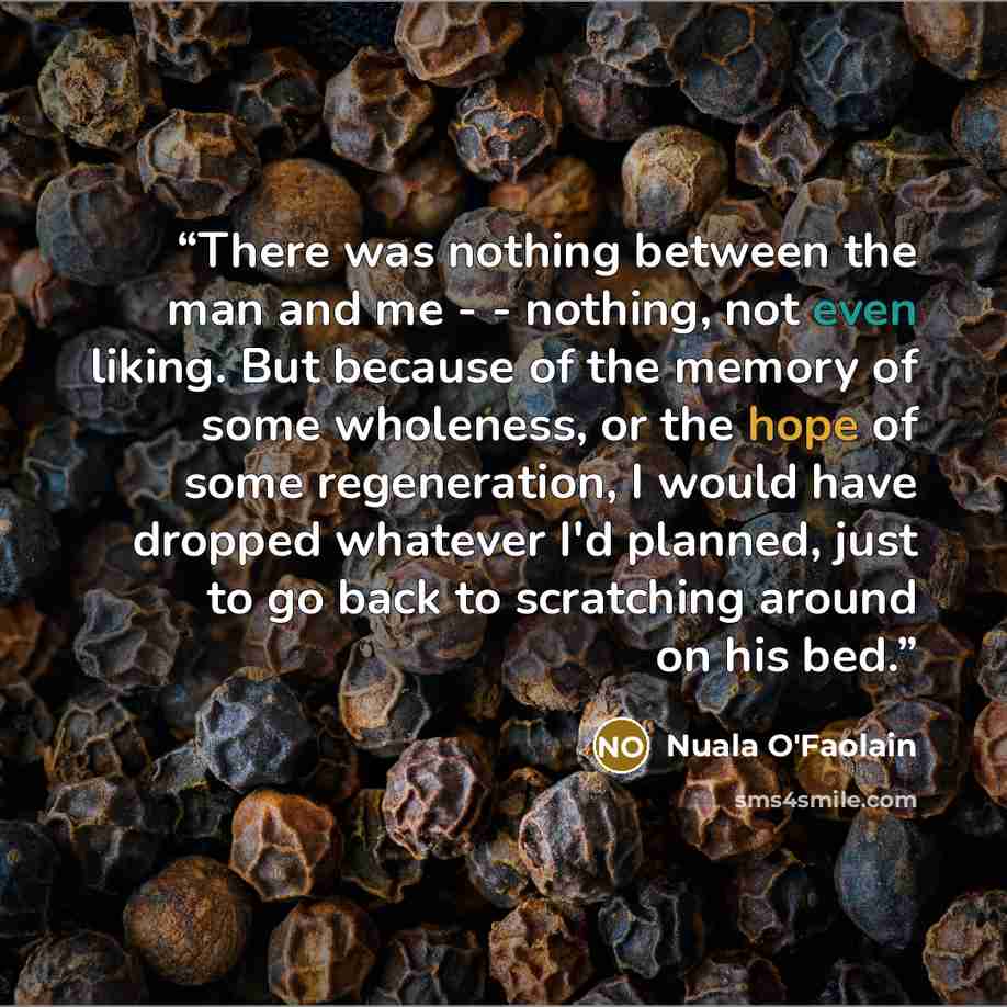 “There was nothing between the man and me - - nothing, not even liking. But because of the memory of some wholeness, or the hope of some regeneration, I would have dropped whatever I'd planned, just to go back to scratching around on his bed.” quote by Nuala O'Faolain