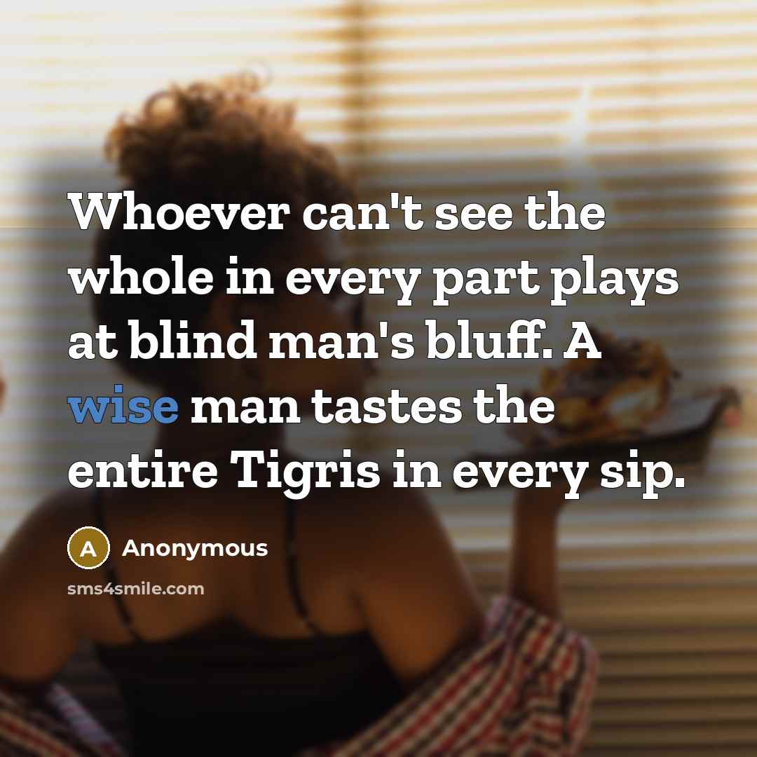 “Whoever can't see the whole in every part plays at blind man's bluff. A wise man tastes the entire Tigris in every sip.” quote by Anonymous