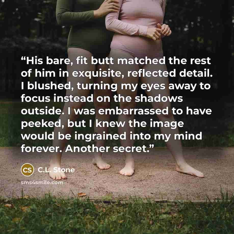 “His bare, fit butt matched the rest of him in exquisite, reflected detail. I blushed, turning my eyes away to focus instead on the shadows outside. I was embarrassed to have peeked, but I knew the image would be ingrained into my mind forever. Another secret.” quote by C.L. Stone