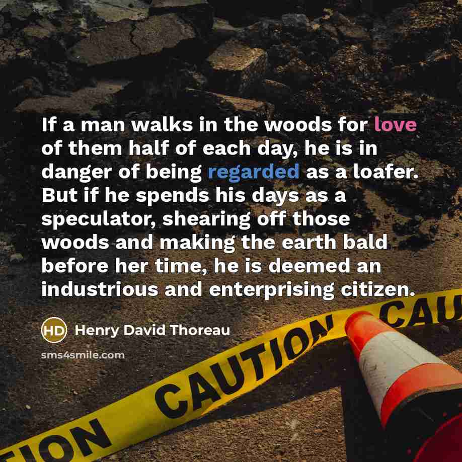 “If a man walks in the woods for love of them half of each day, he is in danger of being regarded as a loafer. But if he spends his days as a speculator, shearing off those woods and making the earth bald before her time, he is deemed an industrious and enterprising citizen.” quote by Henry David Thoreau