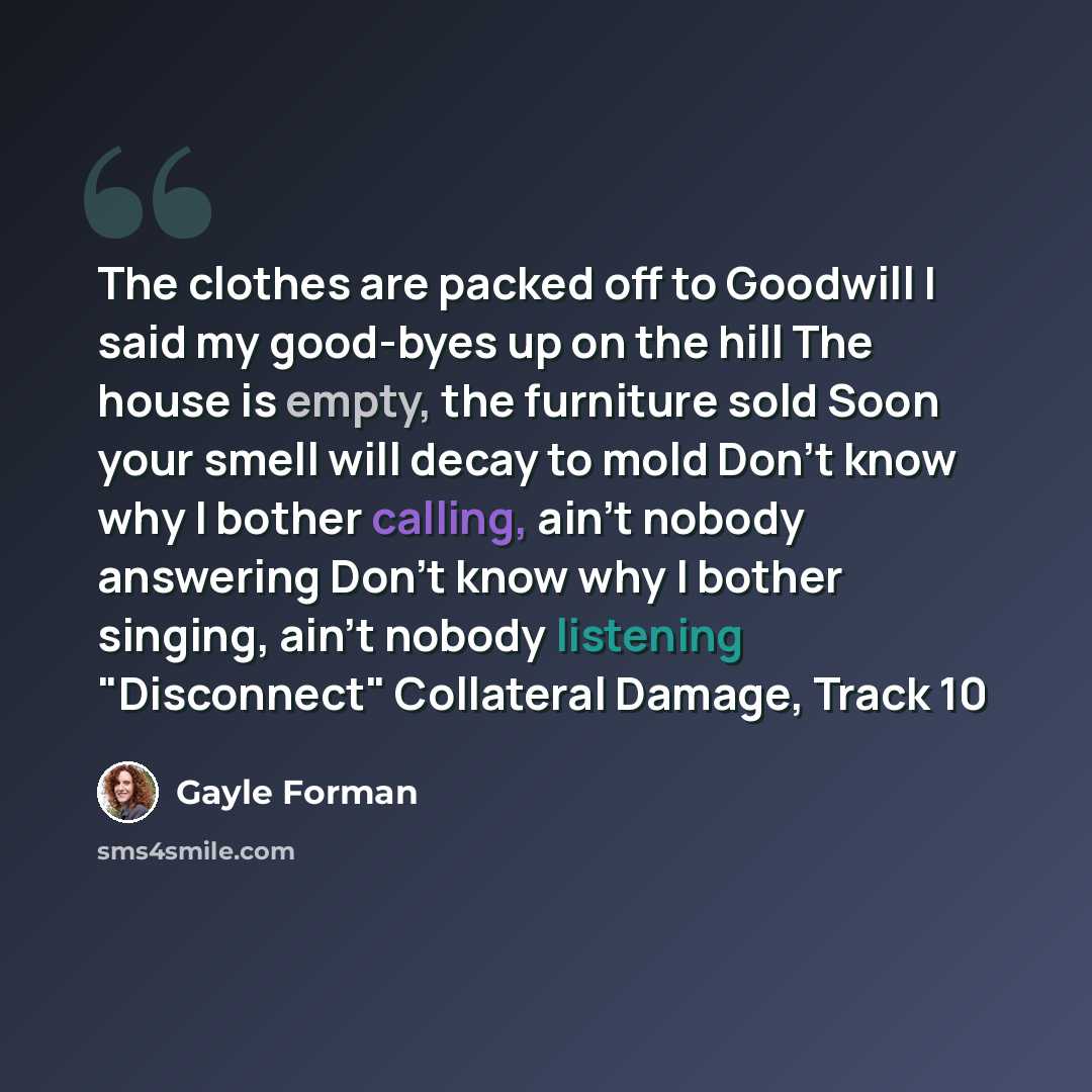 “The clothes are packed off to Goodwill I said my good-byes up on the hill The house is empty, the furniture sold Soon your smell will decay to mold Don't know why I bother calling, ain't nobody answering Don't know why I bother singing, ain't nobody listening "Disconnect" Collateral Damage, Track 10” quote by Gayle Forman