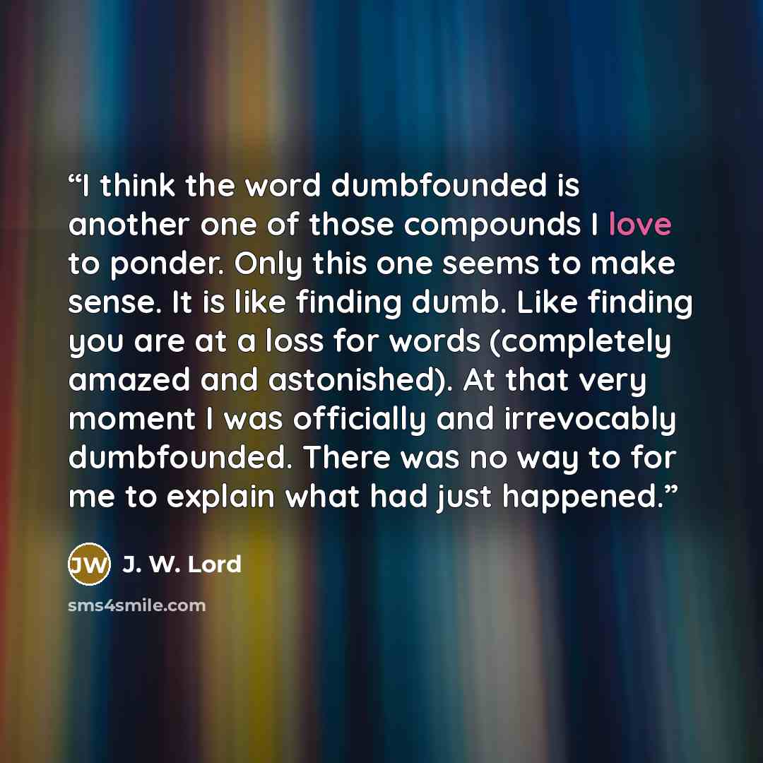 “I think the word dumbfounded is another one of those compounds I love to ponder. Only this one seems to make sense. It is like finding dumb. Like finding you are at a loss for words (completely amazed and astonished). At that very moment I was officially and irrevocably dumbfounded. There was no…” quote by J. W. Lord