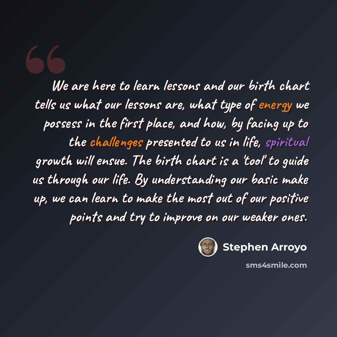 “We are here to learn lessons and our birth chart tells us what our lessons are, what type of energy we possess in the first place, and how, by facing up to the challenges presented to us in life, spiritual growth will ensue. The birth chart is a 'tool' to guide us through our life. By…” quote by Stephen Arroyo