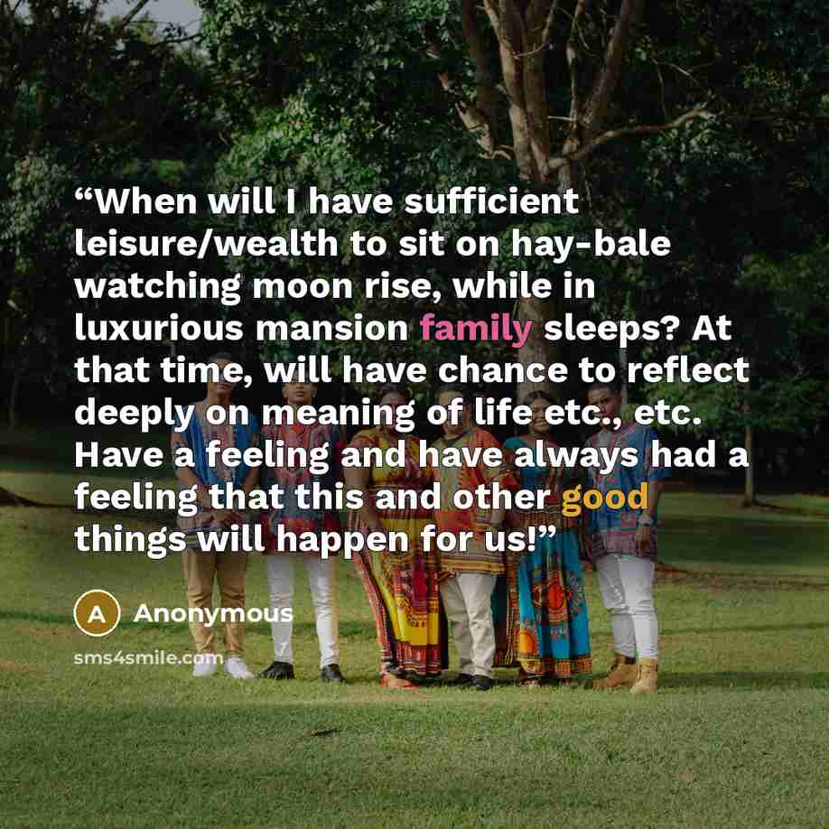 “When will I have sufficient leisure/wealth to sit on hay-bale watching moon rise, while in luxurious mansion family sleeps? At that time, will have chance to reflect deeply on meaning of life etc., etc. Have a feeling and have always had a feeling that this and other good things will happen for us!” quote by Anonymous