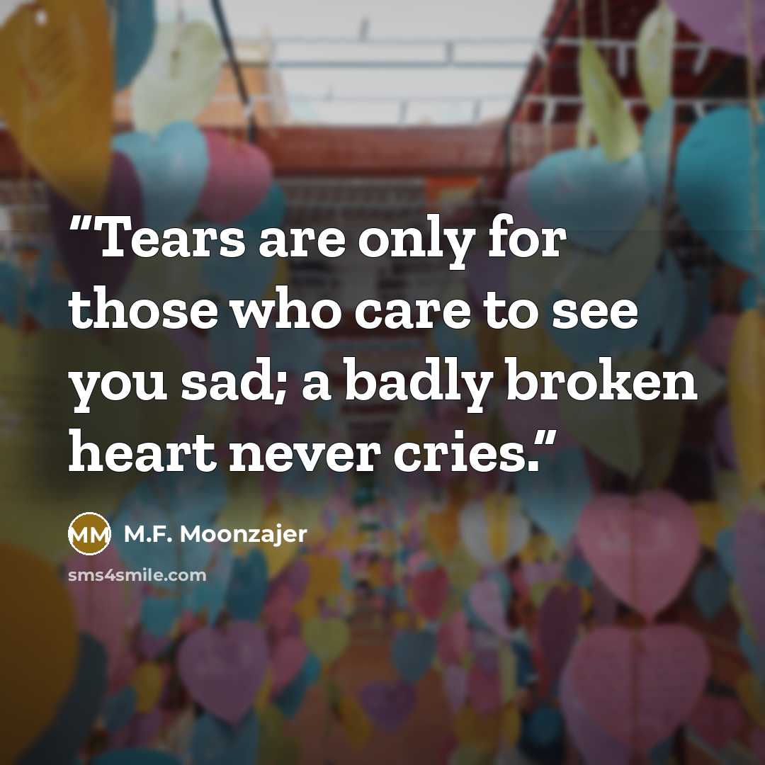 “Tears are only for those who care to see you sad; a badly broken heart never cries.” quote by M.F. Moonzajer