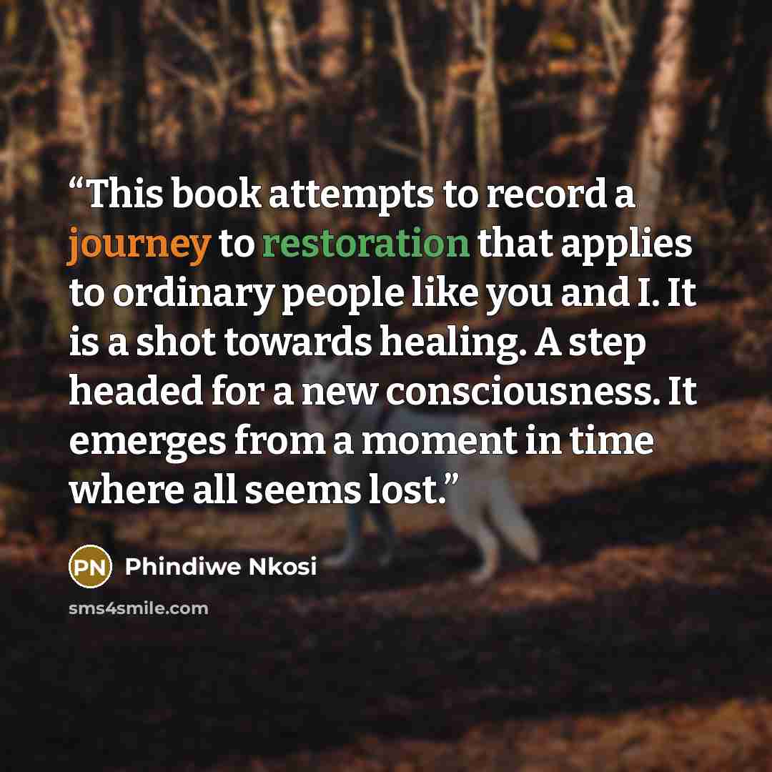 “This book attempts to record a journey to restoration that applies to ordinary people like you and I. It is a shot towards healing. A step headed for a new consciousness. It emerges from a moment in time where all seems lost.” quote by Phindiwe Nkosi