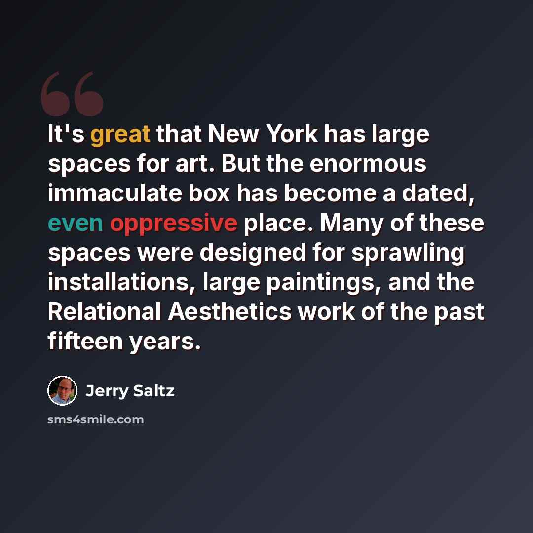 “It's great that New York has large spaces for art. But the enormous immaculate box has become a dated, even oppressive place. Many of these spaces were designed for sprawling installations, large paintings, and the Relational Aesthetics work of the past fifteen years.” quote by Jerry Saltz