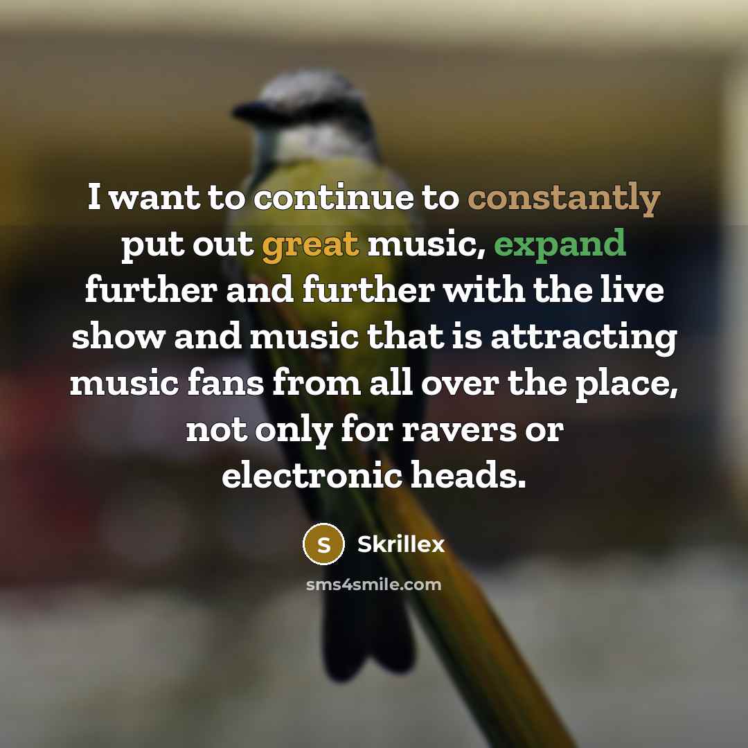 “I want to continue to constantly put out great music, expand further and further with the live show and music that is attracting music fans from all over the place, not only for ravers or electronic heads.” quote by Skrillex