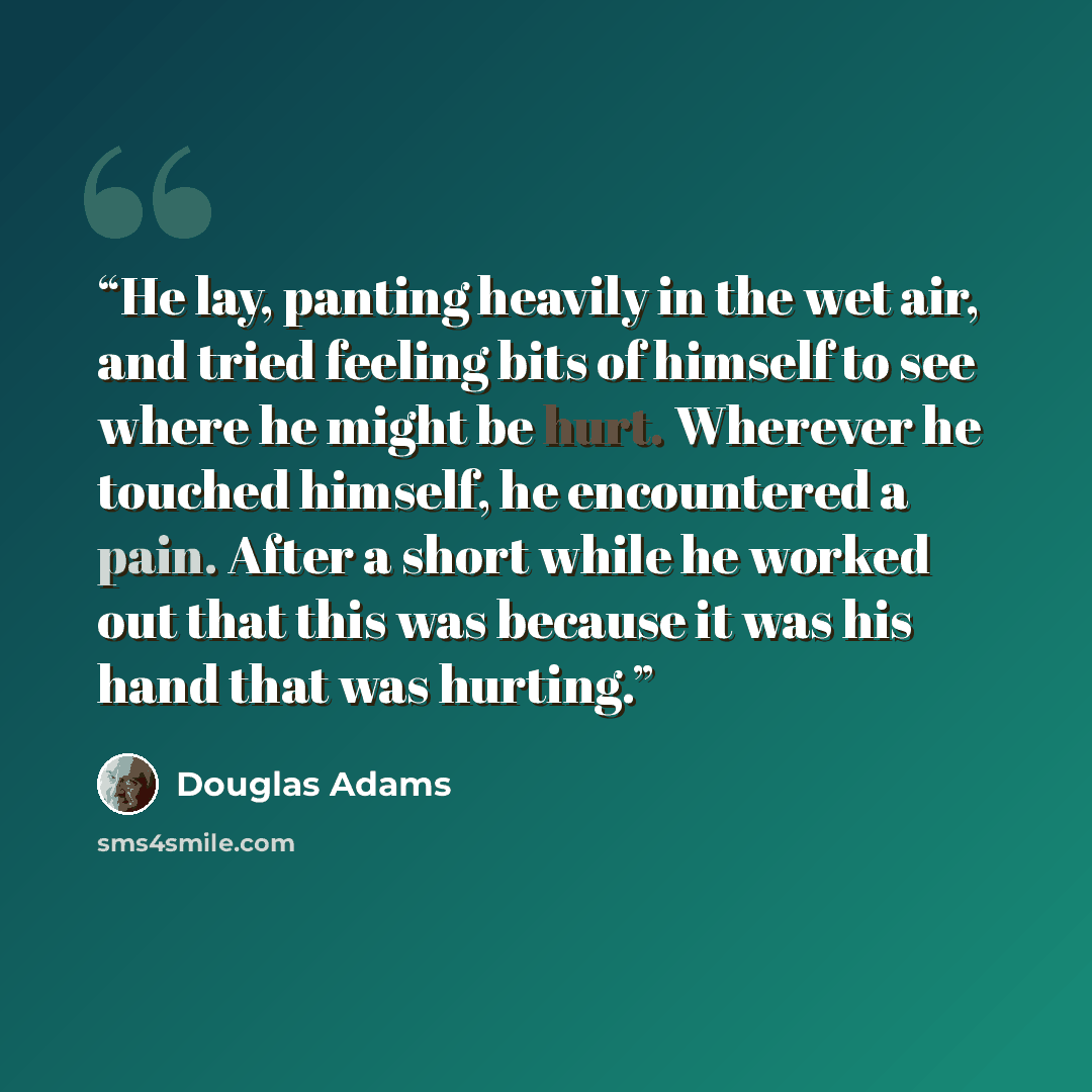 “He lay, panting heavily in the wet air, and tried feeling bits of himself to see where he might be hurt. Wherever he touched himself, he encountered a pain. After a short while he worked out that this was because it was his hand that was hurting.” quote by Douglas Adams