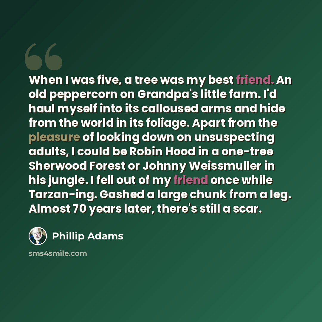 “When I was five, a tree was my best friend. An old peppercorn on Grandpa's little farm. I'd haul myself into its calloused arms and hide from the world in its foliage. Apart from the pleasure of looking down on unsuspecting adults, I could be Robin Hood in a one-tree Sherwood Forest or Johnny…” quote by Phillip Adams