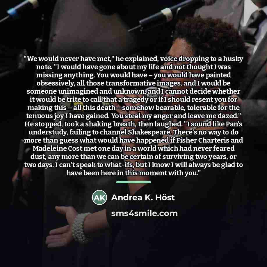 “We would never have met," he explained, voice dropping to a husky note. "I would have gone about my life and not thought I was missing anything. You would have – you would have painted obsessively, all those transformative images, and I would be someone unimagined and unknown, and I cannot decide…” quote by Andrea K. Höst