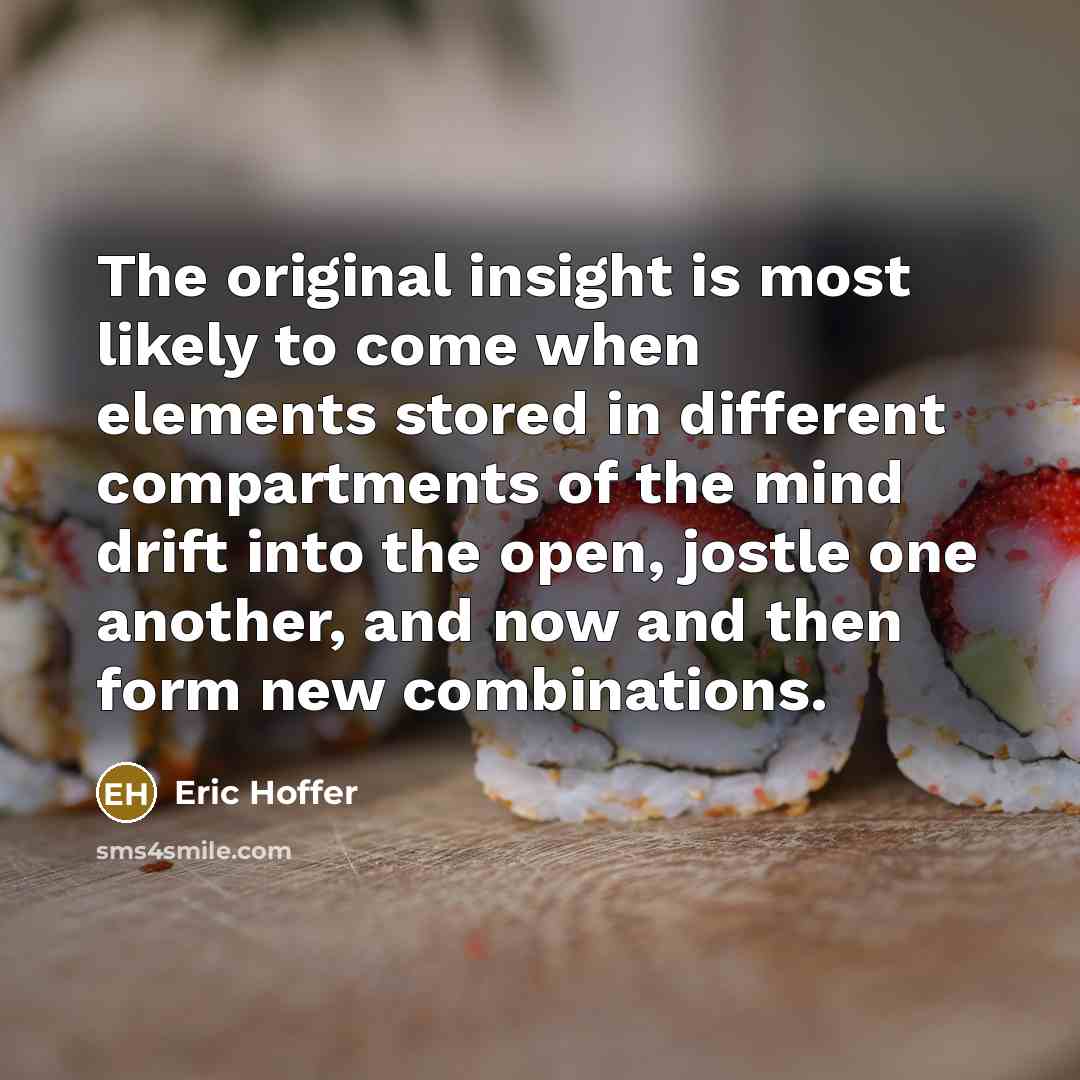 “The original insight is most likely to come when elements stored in different compartments of the mind drift into the open, jostle one another, and now and then form new combinations.” quote by Eric Hoffer