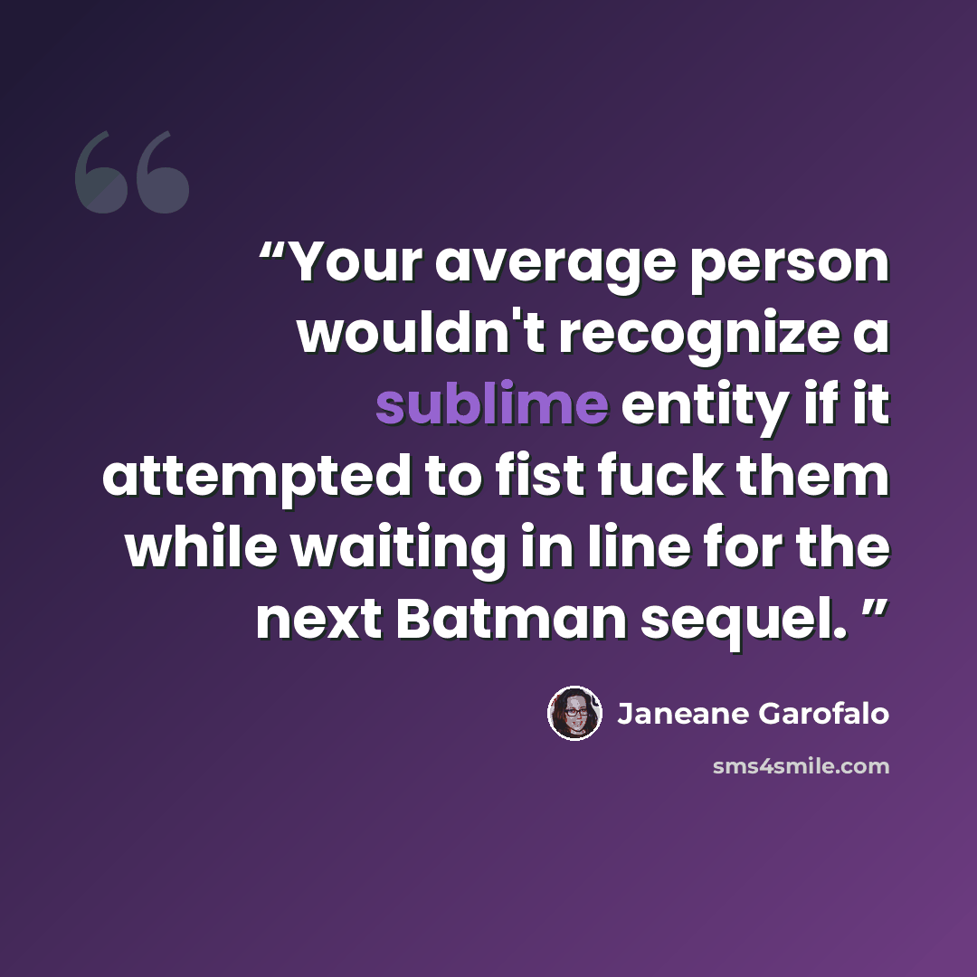 “Your average person wouldn't recognize a sublime entity if it attempted to fist fuck them while waiting in line for the next Batman sequel.” quote by Janeane Garofalo