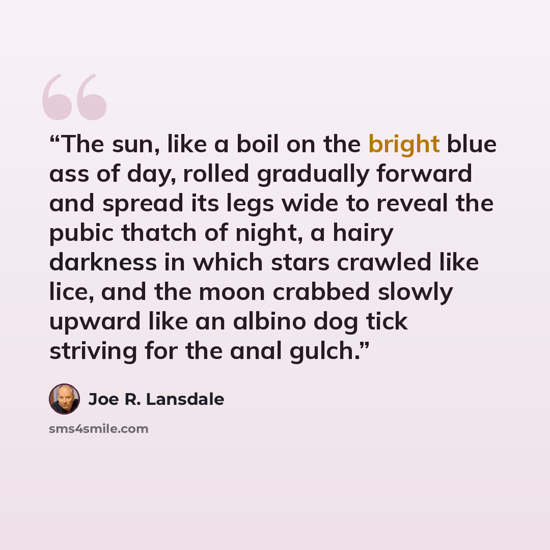 “The sun, like a boil on the bright blue ass of day, rolled gradually forward and spread its legs wide to reveal the pubic thatch of night, a hairy darkness in which stars crawled like lice, and the moon crabbed slowly upward like an albino dog tick striving for the anal gulch.” quote by Joe R. Lansdale