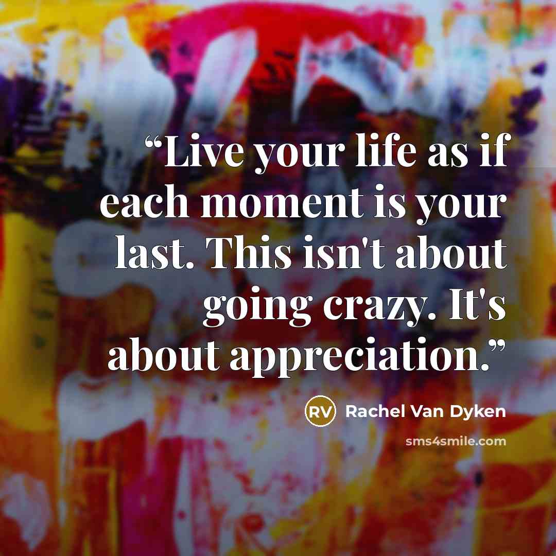 “Live your life as if each moment is your last. This isn't about going crazy. It's about appreciation.” quote by Rachel Van Dyken