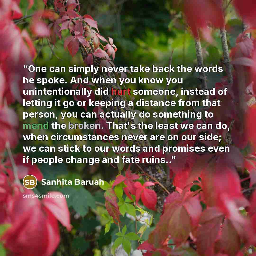 “One can simply never take back the words he spoke. And when you know you unintentionally did hurt someone, instead of letting it go or keeping a distance from that person, you can actually do something to mend the broken. That's the least we can do, when circumstances never are on our side; we can…” quote by Sanhita Baruah