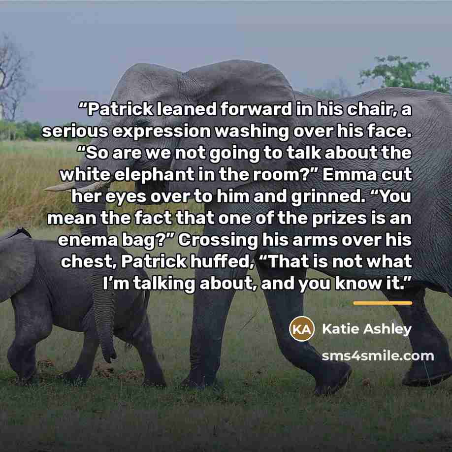 “Patrick leaned forward in his chair, a serious expression washing over his face. “So are we not going to talk about the white elephant in the room?” Emma cut her eyes over to him and grinned. “You mean the fact that one of the prizes is an enema bag?” Crossing his arms over his chest, Patrick…” quote by Katie Ashley