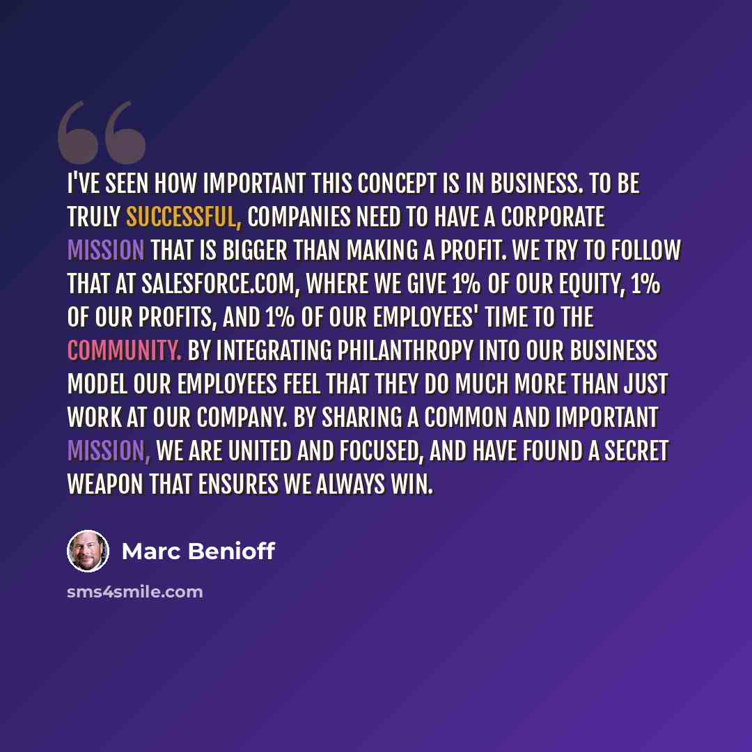 “I've seen how important this concept is in business. To be truly successful, companies need to have a corporate mission that is bigger than making a profit. We try to follow that at salesforce.com, where we give 1% of our equity, 1% of our profits, and 1% of our employees' time to the community…” quote by Marc Benioff