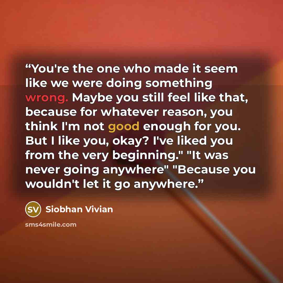 “You're the one who made it seem like we were doing something wrong. Maybe you still feel like that, because for whatever reason, you think I'm not good enough for you. But I like you, okay? I've liked you from the very beginning." "It was never going anywhere" "Because you wouldn't let it go…” quote by Siobhan Vivian