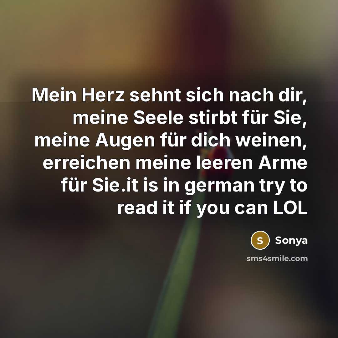 “Mein Herz sehnt sich nach dir, meine Seele stirbt für Sie, meine Augen für dich weinen, erreichen meine leeren Arme für Sie.it is in german try to read it if you can LOL” quote by Sonya