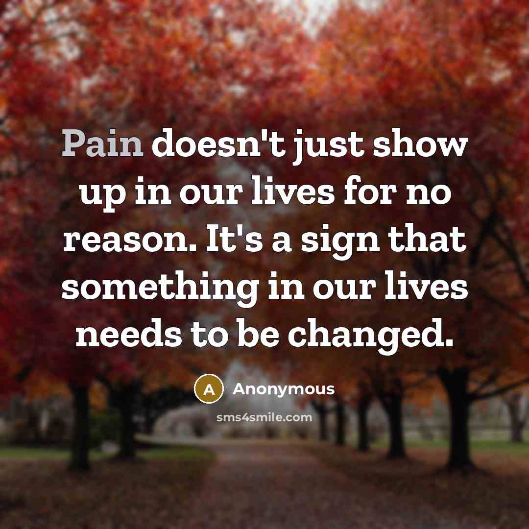 “Pain doesn't just show up in our lives for no reason. It's a sign that something in our lives needs to be changed.” quote by Anonymous