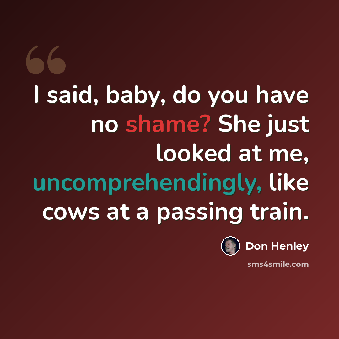 “I said, baby, do you have no shame? She just looked at me, uncomprehendingly, like cows at a passing train.” quote by Don Henley