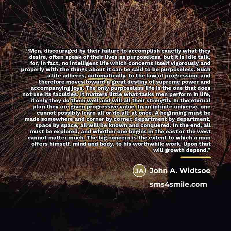 “Men, discouraged by their failure to accomplish exactly what they desire, often speak of their lives as purposeless, but it is idle talk, for, in fact, no intelligent life which concerns itself vigorously and properly with the things about it can be said to be purposeless. Such a life adheres…” quote by John A. Widtsoe