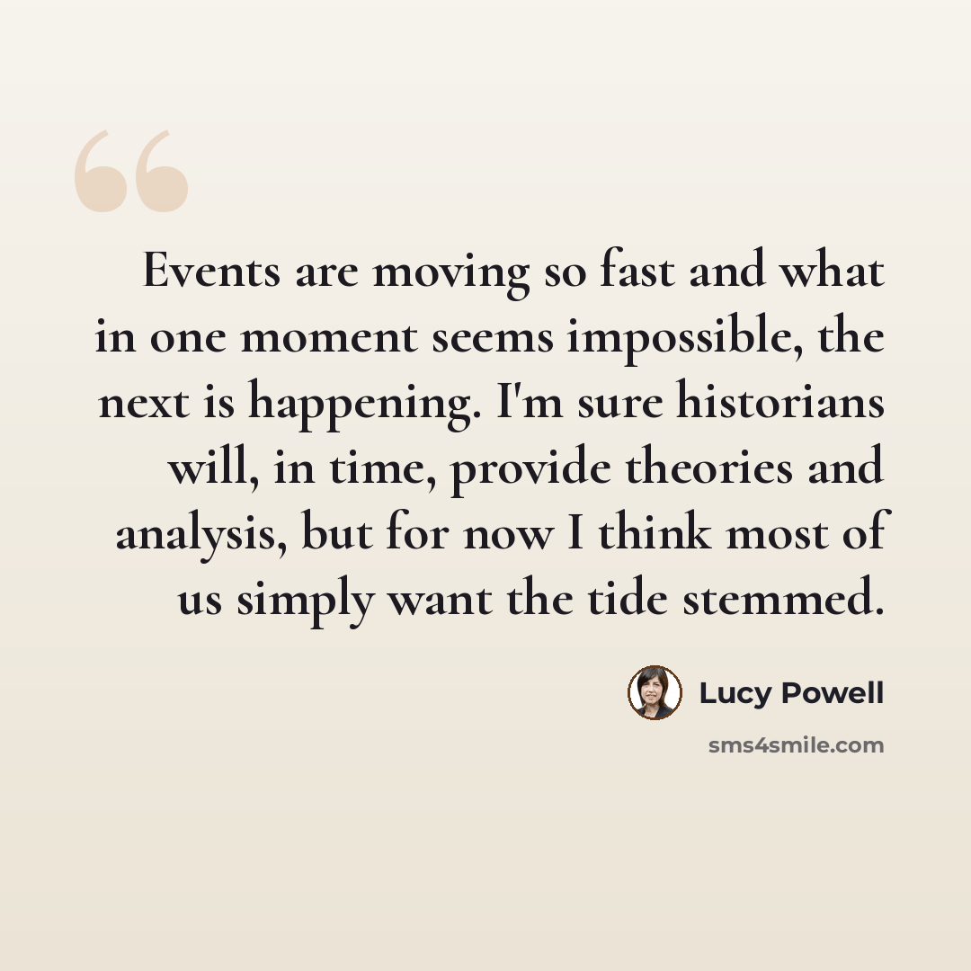 “Events are moving so fast and what in one moment seems impossible, the next is happening. I'm sure historians will, in time, provide theories and analysis, but for now I think most of us simply want the tide stemmed.” quote by Lucy Powell