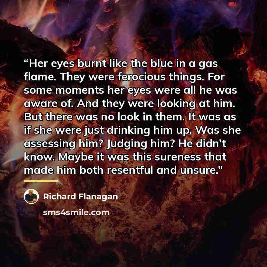 “Her eyes burnt like the blue in a gas flame. They were ferocious things. For some moments her eyes were all he was aware of. And they were looking at him. But there was no look in them. It was as if she were just drinking him up. Was she assessing him? Judging him? He didn’t know. Maybe it was…” quote by Richard Flanagan